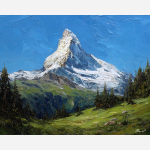 Matterhorn peak, Swiss Alps, snow-capped summit, golden light, green meadows, fir forests, alpine landscape, European mountain icon, palette-knife rock and snow, blue sky backdrop, high altitude view, Switzerland scenery, jagged peak, bright summit glow, scenic valley, mountain meadow, crisp alpine air, dramatic peak profile, outdoor Europe, classic Swiss view