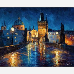 Charles Bridge night, lantern-lit cobblestones, Prague castle silhouette, Old Town Tower, deep blue sky, warm street lights, Czech nightscape, European stone bridge, palette-knife texture, glowing lamps, romantic nighttime scene, historic architecture, riverside city, warm and cool tones, medieval bridge, central Europe landmark, night reflections, starless blue sky, evening city walk, Prague landmark art