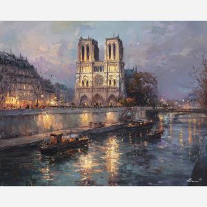 Notre Dame Cathedral, Paris riverside, Seine reflections, golden stone, evening sky, Gothic fa?ade, French landmark, soft violet water, palette-knife river, flying buttresses, ele de la Cit?, romantic Paris view, warm architecture light, blue dusk sky, historic cathedral, European cityscape, gentle glow, riverbank trees, twilight tones, classic Paris painting