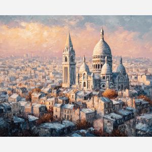 Sacre?-Coeur basilica, Montmartre hill, white domes, pastel Paris skyline, hazy city view, French church, hilltop landmark, European capital scene, palette-knife dome, artistic district Paris, soft light, romantic city vista, terraced hillside, distant rooftops, iconic basilica, cool white stone, gentle haze, elevated viewpoint, skyline and dome, bohemian quarter