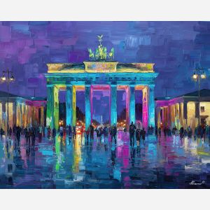 Brandenburg Gate lights, Berlin festival, colorful projections, vivid blue fa?ade, pink and green glow, illuminated monument, night event Europe, palette-knife color, German landmark, vibrant night scene, artistic light mapping, city celebration, bright column hues, iconic gate, cultural festival Germany, neon wash, glowing architecture, Berlin night sky, public square lights, radiant landmark