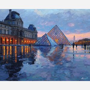Louvre Pyramid, Paris museum, glass pyramid reflections, rain-soaked stones, evening sky, French architecture, blue and silver tones, courtyard lights, European landmark, palette-knife wet ground, soft clouds, cultural Paris scene, iconic museum front, reflective surface, modern glass structure, Paris evening light, luminous courtyard, historic palace wings, wet pavement glow, museum plaza