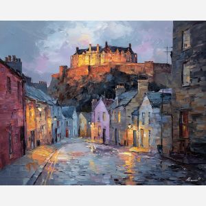 Edinburgh Castle, volcanic hill, Scottish cityscape, stone fortress, slate rooftops, cobbled streets, warm stone light, medieval stronghold, Scotland landmark, palette-knife texture, Old Town Edinburgh, historic skyline, castle on rock, grey and amber tones, northern Europe scene, heritage architecture, fortified hilltop, city beneath castle, dramatic elevation, historic Scotland view