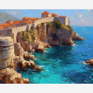 Dubrovnik walls, Adriatic Sea, amber stone ramparts, rocky coastline, Croatian old town, turquoise water, fortified city, palette-knife sea, medieval walls, red roofs, coastal fortress, southern Europe coast, cliffside city, sunlit stone, bright blue sea, UNESCO town, seaside ramparts, harbor entrance, Mediterranean light, historic coastal view