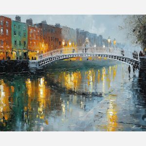 Ha'penny Bridge, Dublin river, Liffey reflections, rainy cityscape, white cast-iron bridge, Irish landmark, wet pavement shine, green and gold water, palette-knife rain texture, European river town, city lights on water, overcast sky, historic pedestrian bridge, Ireland capital scene, soft evening glow, rippling reflections, moody city light, rainy Ireland, iconic Dublin view, old bridge scene