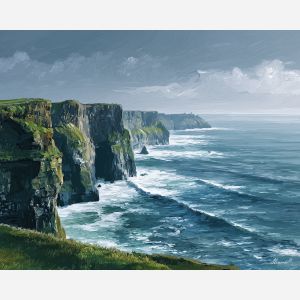 Cliffs of Moher, Irish coastline, green sea cliffs, Atlantic waves, foaming surf, gray blue sky, rugged Ireland shore, dramatic seascape, palette-knife water, towering precipice, wild coastal scene, emerald grass, ocean spray, western Ireland, sheer rock face, moody sky, misty horizon, European sea cliffs, natural landmark, rough sea art