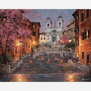 Spanish Steps, Rome landmark, flower boxes, pink blossoms, evening lamplight, Trinit? dei Monti, Italian staircase, twilight city scene, palette-knife stairs, warm stone tones, historic square, terraced steps, romantic Italy, street lanterns, gathering place Rome, floral accents, pastel sky, Mediterranean city, European landmark, illuminated stairway