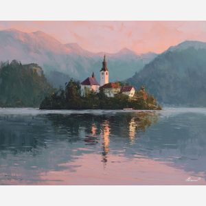 Lake Bled, island chapel, Slovenian lake, misty water, pink dawn sky, mountain backdrop, reflective lake surface, European fairytale scene, small church tower, palette-knife mist, calm water mirror, Alpine foothills, early morning glow, serene island, tiny bell tower, tranquil landscape, soft pastel colors, iconic Slovenia view, peaceful lake, dawn reflection