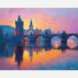 Charles Bridge, Prague dawn, Vltava River reflections, stone statues, pink sunrise, amber glow, Czech cityscape, historic bridge Europe, palette-knife cobblestones, calm river water, Gothic towers, old town skyline, soft morning colors, European landmark, ancient bridge art, pastel sky, central European city, warm stone light, early morning Prague, riverfront scene