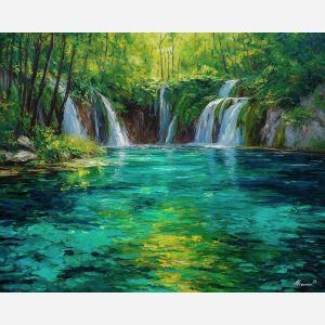 Plitvice Lakes, emerald pools, turquoise cascades, Croatian national park, tiered waterfalls, lush forest, green foliage, crystal-clear water, European nature scene, palette-knife water, mossy rocks, cascading streams, turquoise lagoons, woodland landscape, vibrant greens, scenic waterfall system, natural terraces, bright lake colors, forested valley, fresh water art