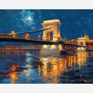 Chain Bridge, Budapest night, Danube reflections, suspension bridge lights, moonlit sky, Hungarian landmark, stone lions, city river scene, palette-knife water, golden lamps, blue night hues, central Europe cityscape, glowing bridge line, quiet river surface, Buda and Pest banks, illuminated spans, European capital, bridge under moon, night skyline, river landmark