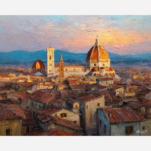 Florence Duomo, Brunelleschi dome, terracotta rooftops, Tuscan cityscape, Italian sunset, warm skyline, cathedral dome, historic Florence, palette-knife rooftops, golden light, Renaissance architecture, rust and sienna tones, European old town, Arno valley city, dome above houses, sunset glow, classical city view, Italian heritage scene, red tiled roofs, skyline painting