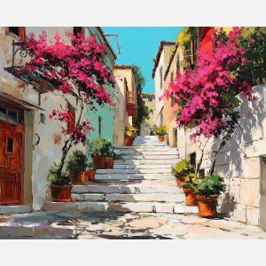 Plaka Athens, sunlit steps, white stairway, colorful Greek houses, bougainvillea flowers, pink blossoms, Mediterranean old town, warm street light, palette-knife walls, terracotta roofs, Greek hillside quarter, charming alley, bright sun, narrow street scene, pastel fa?ades, blooming pots, historic district Athens, warm stone steps, southern Europe street, floral cityscape