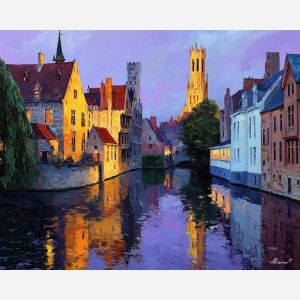 Bruges canal, stepped-gable houses, stone tower reflection, lavender twilight, Belgian medieval town, still water mirror, European old town, palette-knife reflections, warm window lights, romantic canal view, cobbled edges, historic Bruges skyline, soft dusk colors, old-world charm, Gothic tower, waterfront houses, quiet evening scene, fairytale townscape, Europe canal city, twilight reflection