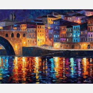 Porto Ribeira, Douro River, colorful houses, stacked fa?ades, arch bridge lights, Portuguese riverfront, night reflections, warm window glow, palette-knife water, hillside city Europe, historic quarter Porto, terraced buildings, golden river light, narrow streets, city by river, wine city skyline, evening Douro, illuminated bridge, old town Portugal, European waterfront