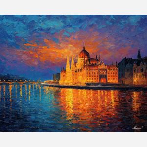 Budapest Parliament, Danube River, golden fa?ade, night reflections, orange and red water, Hungarian landmark, neo-Gothic palace, illuminated cityscape, central Europe skyline, palette-knife glow, riverside parliament, fiery reflection streaks, historic building, evening lights, iconic Budapest view, night river scene, warm architectural lighting, dramatic water glow, European capital, palace by river