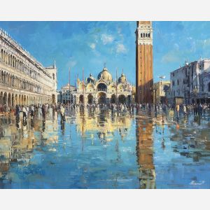 St. Mark's Basilica, Venice square, flooded reflections, campanile tower, golden fa?ade, shallow water mirror, Italian landmark, lagoon city, palette-knife water, historic piazza, Byzantine architecture, glowing mosaics, square at dusk, reflective paving, iconic Venice view, cathedral and bell tower, wet square surface, shimmering lights, European plaza scene, soft sky glow