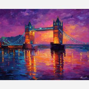 Tower Bridge, London landmark, Thames River, sunset sky, purple and amber clouds, bridge reflection, British cityscape, stone bridge towers, iconic London scene, palette-knife river, rippling water light, warm evening glow, European capital view, Gothic bridge details, colored sky, waterfront skyline, warm and cool contrast, historic bridge art, city river sunset, UK landmark painting