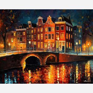 Amsterdam canal, brick houses, arched bridge, bicycle lights, Dutch cityscape, night reflections, warm window glow, European canal scene, palette-knife water, leaning fa?ades, old town Amsterdam, narrow houses, golden street lamps, cool canal blues, iconic Netherlands view, historic bridge, rippling water reflections, canal-side evening, cozy city scene, urban waterways