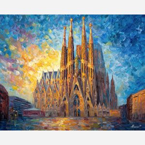Sagrada Fam?lia, Barcelona skyline, Gaud? architecture, basilica spires, Mediterranean sky, warm sunlight, stained glass colors, Catalan landmark, organic stone forms, palette-knife texture, Spanish cityscape, modernist church, intricate fa?ade, blue and gold tones, iconic Barcelona view, soaring towers, sunlight shimmer, architectural masterpiece, European basilica, unique church art