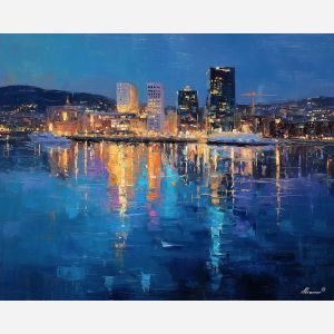 Oslo fjord, Scandinavian skyline, calm blue water, twilight glow, Nordic city lights, waterfront reflections, Norwegian capital, palette-knife water, soft night colors, harbor buildings, northern dusk, cool blue tones, gentle shimmer, European fjord city, waterfront promenade, lights on water, subtle skyline, moody northern evening, quiet harbor, Oslo night scene