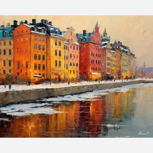 Stockholm Old Town, Gamla Stan, winter cityscape, orange and red fa?ades, snow patches, icy water, Scandinavian old quarter, European pastel houses, pale northern light, palette-knife snow, harbor edge, cobbled waterfront, Nordic capital, historic center Sweden, cold season glow, warm buildings cool air, winter reflections, colorful old houses, harbor city view, northern Europe art