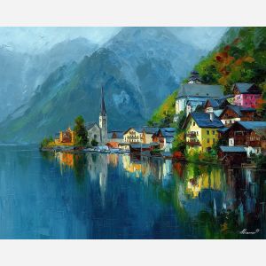 Hallstatt village, alpine lake reflection, Austrian mountains, colorful houses, lakeside village, misty peaks, glassy water, European mountain town, palette-knife reflections, steep slopes, pastel fa?ades, calm lake surface, scenic Austria, historic lakeside homes, mirrored scenery, charming village Europe, morning mist, mountain-lake harmony, lakeshore architecture, alpine landscape