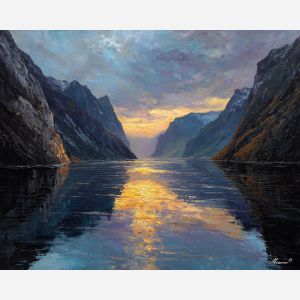 Norwegian fjord, steep mountains, calm water, golden evening light, narrow waterway, Scandinavian landscape, dark rock cliffs, reflected sky, palette-knife reflections, Nordic scenery, deep valley, tranquil fjord scene, cool blues, warm light bands, dramatic Norway view, high mountain walls, quiet water path, northern Europe nature, glacial valley, evening fjord art