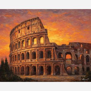 Colosseum Rome, ancient amphitheater, ochre stone, terracotta arches, fiery sunset sky, orange and crimson clouds, Italian landmark, historic ruins, European heritage site, palette-knife stone texture, glowing arches, dramatic sky, old Rome cityscape, golden light on ruins, monumental architecture, Roman skyline, warm earth tones, iconic Italy view, evening ruins scene, ancient city art