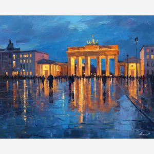 Brandenburg Gate, Berlin landmark, amber-lit columns, evening blue sky, neoclassical arch, German capital, historic gate, city square, palette-knife stone, soft reflections, European monument, symbolic city entry, subtle nightfall, cultural Germany, illuminated fa?ade, cobbled plaza, warm and cool tones, central Berlin, quadriga silhouette, iconic Europe scene