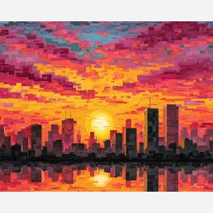 pixel art city, retro sunset, 8-bit skyline, orange magenta glow, pixel blocks, digital style, nostalgic game art, pixel horizon, neon city colors, geometric shapes, arcade style, pixel buildings, sunset sky, colorful blocks, low-res aesthetic, vaporwave tones, city silhouette, pixel gradients, digital retro decor, blocky skyline