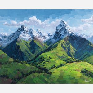 pixel mountains, retro valley, 8-bit landscape, green slopes, pixel sky, snow peaks, geometric terrain, digital mountains, low-res nature, block colors, simplified shapes, nostalgic gaming style, pixel gradient sky, serene landscape, pixelated forest, crisp slopes, blue mountains, retro hill scene, classic 8-bit palette, pixel art decor