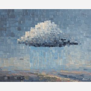 pixel rain, minimal weather scene, gray cloud block, blue rain strips, 8-bit rain design, simple nature pixel art