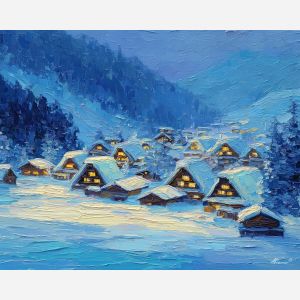 pixel winter, snowy village, 8-bit houses, glowing windows, pixel snow, icy blue tones, retro holiday look, blocky rooftops, cold valley, pixel clouds, nostalgic winter game, cozy scenery, simplified shapes, warm window glow, winter palette, digital snowflakes, pixel aesthetic, charming village scene, crisp pixel landscape, holiday decor