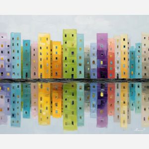 pixel city, minimal skyline, pastel buildings, 8-bit city blocks, geometric architecture pixel, simple skyline art, tiny pixel city