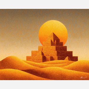 pixel pyramid, egypt desert, sandy yellow blocks, pixel dunes, 8-bit sun, orange gold gradient, geometric desert, simplified shapes, ancient structure pixel, retro egypt theme, pixel horizon, warm palette, game-style dunes, block pyramid, iconic shape, desert glow, pixel travel art, warm tones, stylized landscape, retro archaeology