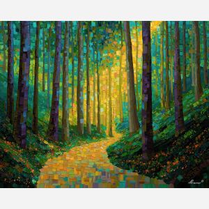 pixel forest, retro trail, 8-bit woods, blocky trees, green pixel canopy, brown path, pixel sunlight, forest blocks, nature game style, digital landscape, block texture, pixel foliage, rustic trail, geometric nature, simplified scenery, nostalgic woods, pixel greens, warm forest tones, soft pixel gradient, forest art decor