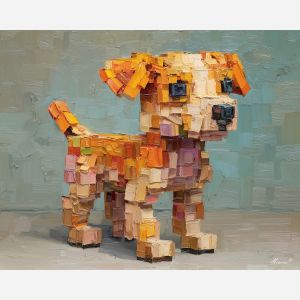voxel dog, isometric puppy, tan cube dog, block pet, 3d pixel creature, cute voxel style, tilted head voxel dog