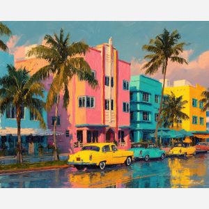 Miami Ocean Drive, Art Deco buildings, neon palm street, pink and turquoise lights, South Beach skyline, Florida nightlife, pastel neon glow, beach boulevard, palette-knife neon, iconic Miami, glowing hotels, tropical night USA, colorful street Miami, vibrant deco district, neon art scene, palm tree silhouettes, tropical nightlife, Ocean Drive lights, colorful Miami painting