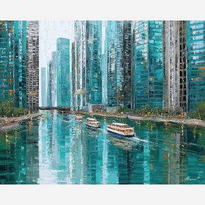 Chicago River, glass skyscrapers, teal building reflections, silver towers, downtown Chicago skyline, river tour boats, modern cityscape USA, palette-knife reflections, urban waterfront, architectural canyon, high-rise corridor, shimmering river, iconic Chicago view, blue-green skyline, waterway city scene, vertical city lines, reflective facades, Chicago downtown art, city river landscape, North American skyline