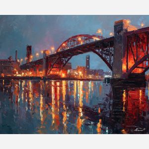 Broadway Bridge NYC, steel arch bridge, Harlem River night, city light reflections, industrial river scene, New York infrastructure, palette-knife steel texture, glowing bridge lights, urban waterway USA, nighttime bridge scene, blue and gold reflections, Manhattan edge, structural geometry, illuminated arches, cool night palette, concrete piers, moving river water, city at night, New York landmark bridge, atmospheric urban river