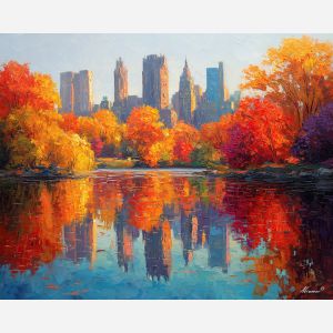 Central Park fall, autumn trees NYC, Manhattan skyline reflection, red and gold foliage, New York park, autumn lake mirror, palette-knife reflections, city park in fall, bright leaves New York, skyline and trees, seasonal cityscape USA, orange and red canopy, reflective water, iconic NYC park, autumn colors, urban nature scene, fiery foliage, calm lake surface, fall in New York, city and nature blend