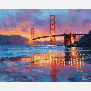 Golden Gate Bridge, San Francisco sunset, orange bridge glow, Pacific fog, warm reflections, red suspension bridge, iconic USA landmark, SF skyline, sunset water shimmer, California coast, palette-knife bridge, glowing fog horizon, bay sunset colors, shimmering water, west coast landmark, dramatic sunset sky, foggy bridge scene, red-orange tones, California icon, sunset coast art