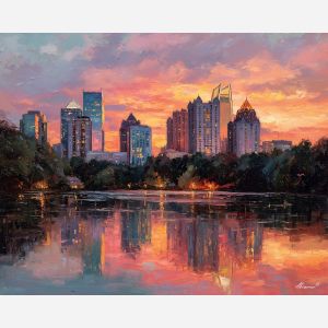 Atlanta Midtown skyline, peach sunset sky, coral city light, Georgia cityscape, reflective lake, urban park water, palette-knife skyline, Southeast US city, glowing towers, warm evening colors, midtown reflection scene, Atlanta landmark view, city lake reflection, skyscrapers at sunset, soft peach horizon, southern city art, park and skyline blend, evening light on towers, bright pastel sky, Atlanta sunset painting