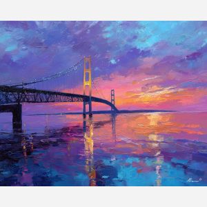 Mackinac Bridge, Michigan landmark, dawn sky, pink and blue horizon, calm Great Lakes water, long suspension span, Upper Peninsula view, palette-knife bridge, northern sunrise scene, straits reflections, iconic Midwest structure, soft dawn colors, tranquil lake scene, early morning light, engineering landmark USA, quiet water surface, pastel sky tones, Great Lakes landscape, northern bridge art, Michigan coast