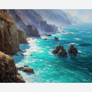 Big Sur cliffs, California coastline, turquoise Pacific waves, sea mist, rugged shore USA, dramatic ocean cliffs, palette-knife seascape, foaming surf, rocky headlands, West Coast shore, coastal fog, scenic Highway 1 view, wild Pacific scene, sheer cliff faces, ocean spray light, iconic California coast, blue-green sea, steep shoreline, natural seascape art, misty horizon