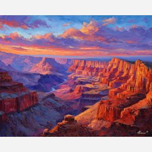 Grand Canyon, red rock cliffs, blazing sunset canyon, sandstone layers, amber glow, canyon rim view, Arizona landscape, USA national park, dramatic gorge, palette-knife rocks, warm canyon colors, sunset sky, deep canyon shadows, towering cliffs USA, iconic Southwest scenery, fiery ridge lighting, layered sandstone, national park art, glowing canyon, red-orange rock