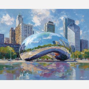 Chicago Bean, Cloud Gate reflections, silver sculpture, Millennium Park, skyline distortion, blue sky city, Chicago landmark, reflective surface art, palette-knife metallic, urban plaza USA, city reflection scene, silver landmark Chicago, iconic sculpture USA, warped skyline view, public art landmark, bright city reflections, Chicago downtown, mirrored surface, artistic reflection, cityscape art USA