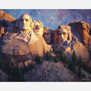 Mount Rushmore, granite monument, carved presidents, South Dakota landmark, evening glow, rugged cliffs, patriotic USA site, warm sunset stone, mountain sculpture, palette-knife granite, iconic America, national memorial, detailed rock face, orange light cliffs, historic monument, mountain carving USA, granite shadows, twilight stone, American heritage, iconic cliff carving