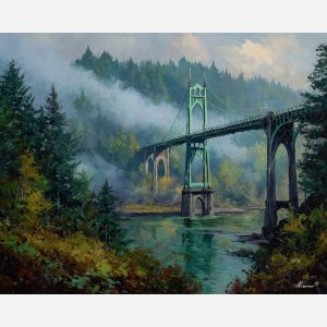 St. Johns Bridge, Portland landmark, green steel arches, misty river valley, Pacific Northwest forest, Oregon bridge scene, fog over river, palette-knife bridge, evergreen hills, atmospheric city landmark, Gothic-style bridge USA, morning mist Portland, lush green valley, iconic Oregon structure, suspension bridge view, forested slopes, cool green palette, scenic bridge art, Northwest city, misty landscape USA